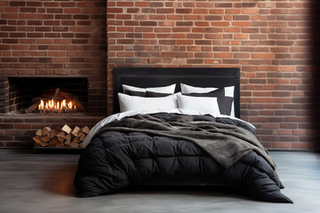 Wall Mural - Bedroom with a fireplace and a brick wall in a loft style and dark colors