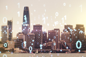 Aufkleber - Abstract virtual binary code hologram on San Francisco cityscape background, AI and machine learning concept. Multiexposure