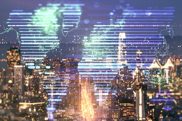 Poster - Double exposure of abstract digital world map on San Francisco city skyscrapers background, research and strategy concept