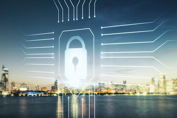 Aufkleber - Virtual creative lock sketch with chip hologram on Chicago office buildings background, protection of personal data concept. Multiexposure