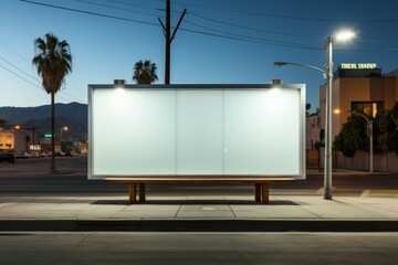 Large horizontal blank advertising poster billboard banner mockup in front of building in urban city.