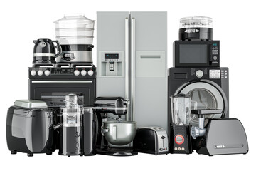 Poster - Set of kitchen appliances, silver and black colors. 3D rendering isolated on transparent background