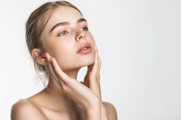 young woman with beautiful face touching healthy facial skin, beautiful portrait of smiling girl mod