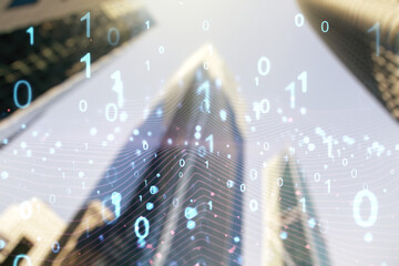 Aufkleber - Abstract virtual binary code illustration on office buildings background. Big data and coding concept. Multiexposure