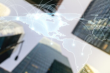 Poster - Double exposure of abstract digital world map hologram with connections on blurry cityscape background, big data and blockchain concept