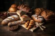 Assorted breads on wooden table. Generative AI