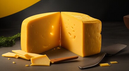 delicious cheese on background, yellow cheese on the table, cuted cheese on cool background, sliced cheese on table