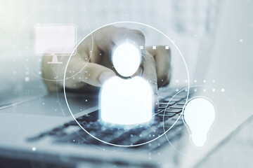 Aufkleber - Social network media concept with hands typing on computer keyboard on background. Double exposure