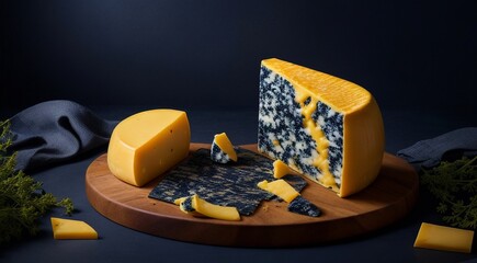 delicious cheese on background, yellow cheese on the table, cuted cheese on cool background, sliced cheese on table