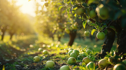 Sticker - Young orchard with green apples on branches in sunlight panorama