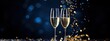 Banner with two glasses of champagne on dark blue background with lights bokeh, glitter and sparks. Christmas celebration concept with space for text	