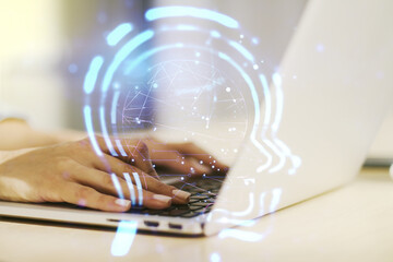 Poster - Creative artificial Intelligence concept with human head sketch and hands typing on computer keyboard on background. Double exposure