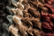 Hair Extensions. Top View. Different Colored Curly Wavy Hair. Blonde, Brunette, Red Hairstyles. Temporary Hairstyle For Special Occasions Like Wedding. Bridal Salon Treatment For Hair Transformation