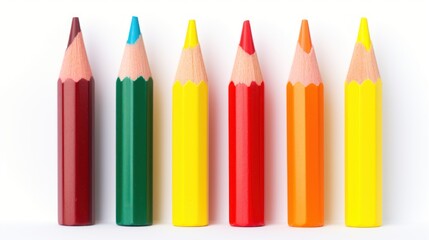 Sticker -  a row of colored pencils sitting next to each other on top of a white surface in front of a white background.