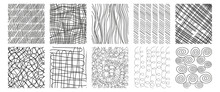 Hand Drawn Line Textures. Includes Vector Scribbles,grid With Irregular, Horizontal And Wavy Strokes,doodle Patterns. Isolated Ink Lines On A White Background. Modern Illustration Set Of Freehand Grap