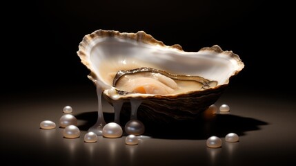 Wall Mural -  a group of pearls and a large oyster in a bowl on a black background with a reflection of the shell.