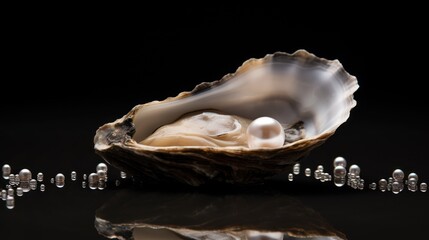 Sticker -  a close up of a shell on a black surface with a reflection of a building in the middle of the image.