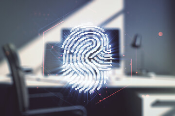 Poster - Multi exposure of abstract creative fingerprint illustration and modern desktop with computer on background, digital access concept