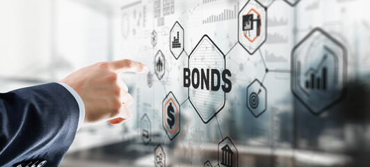 Poster - Businessman clicks inscription bonds. Bond Finance Banking Technology concept