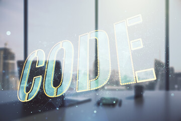Aufkleber - Creative Code word sign and modern desktop with pc on background, international software development concept. Multiexposure