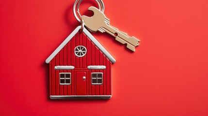 Poster -  a house shaped keychain with a house shaped keychain hanging from it's side on a red background.