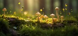 Fototapeta Pokój dzieciecy - beautiful nature background brown mushroom cluster grow on grass ground with glitter glow light, Generative Ai