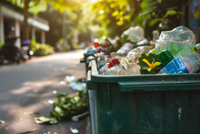 Garbage Containers Full Of Trash. Green Plastic Rubbish Bin.