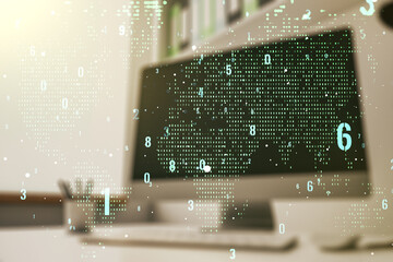 Poster - Double exposure of abstract programming language with world map and modern desktop with laptop on background, research and development concept