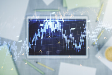 Aufkleber - Multi exposure of abstract financial diagram with world map and modern digital tablet on background, banking and accounting concept