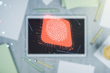 Leinwandbilder - Multi exposure of abstract fingerprint scan interface and modern digital tablet on background, digital access concept