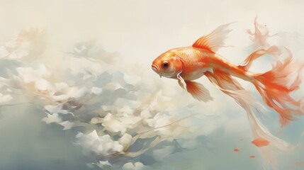 Wall Mural -  a painting of a goldfish in a pond with white flowers in the foreground and a blue sky in the background.