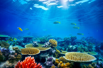 Wall Mural - Underwater view of coral reef with fishes and corals. Tropical seascape