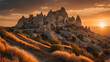 Ancient town of Uchisar castle at sunset Landscape Goreme National Park, Cappadocia (Turkiye) Turkey