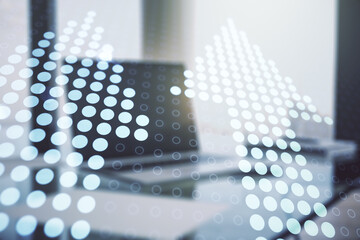 Poster - Creative abstract upward arrows hologram on modern computer background, leadership and motivation concept. Multiexposure
