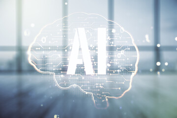 Poster - Double exposure of creative human brain microcircuit hologram on empty room interior background. Future technology and AI concept