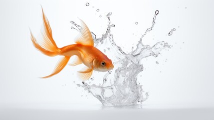 Wall Mural -  a goldfish jumping out of the water to get to the other side of the fish's head, with a splash of water coming out of its mouth.
