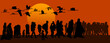 Silhouettes of refugees at sunset under the sun. Cranes immigrate to warmer countries. A symbol of the lifestyle of birds and people.