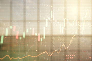 Aufkleber - Multi exposure of virtual abstract financial graph hologram and world map on modern interior background, financial and trading concept