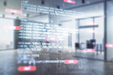 Poster - Multi exposure of abstract creative coding sketch on a modern furnished office background, artificial intelligence and neural networks concept