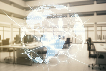 Poster - Double exposure of social network icons hologram and world map on modern corporate office background. Marketing and promotion concept