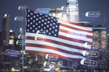 Poster - Multi exposure of abstract software development hologram on USA flag and blurry skyscrapers background, research and analytics concept