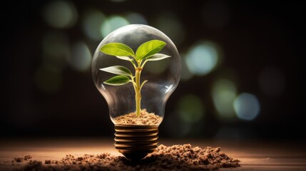 Wall Mural -  a light bulb filled with dirt and a green plant in it's center, with a boke of lights in the background.