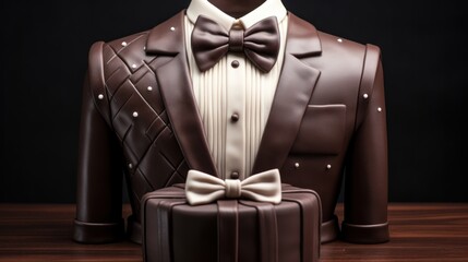 Poster -  a cake in the shape of a man's suit with a bow tie and a briefcase on a table.