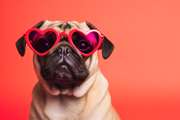 Wall Mural - Pug dog with heart shaped Valentine's day glasses