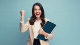 Fototapeta  - young happy business woman holding file celebrating with fist gesture . ai generated