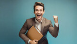 Fototapeta  - young, happy business man holding file smiling with fist gesture . ai generated