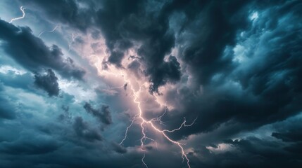 lightning strikes against the dark cloudy sky