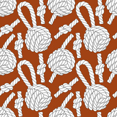 Wall Mural - Seamless pattern of knotted ropes cords monkey fist knot. Nautical thread whipcord with loops and noose, braided, folded, spiral fiber. Illustration hand drawn graphic on brown background.