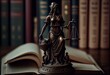 A bronze Themis statuette, judge’s gavel and Constitution on beige background. Court, justice, law, criminal, Bible. Generative AI