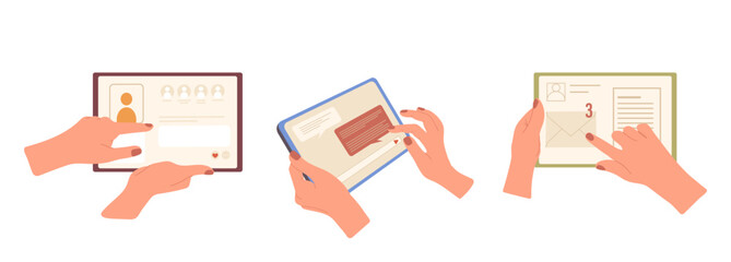 Human hands holding digital tablet pc using application for online communication in social media